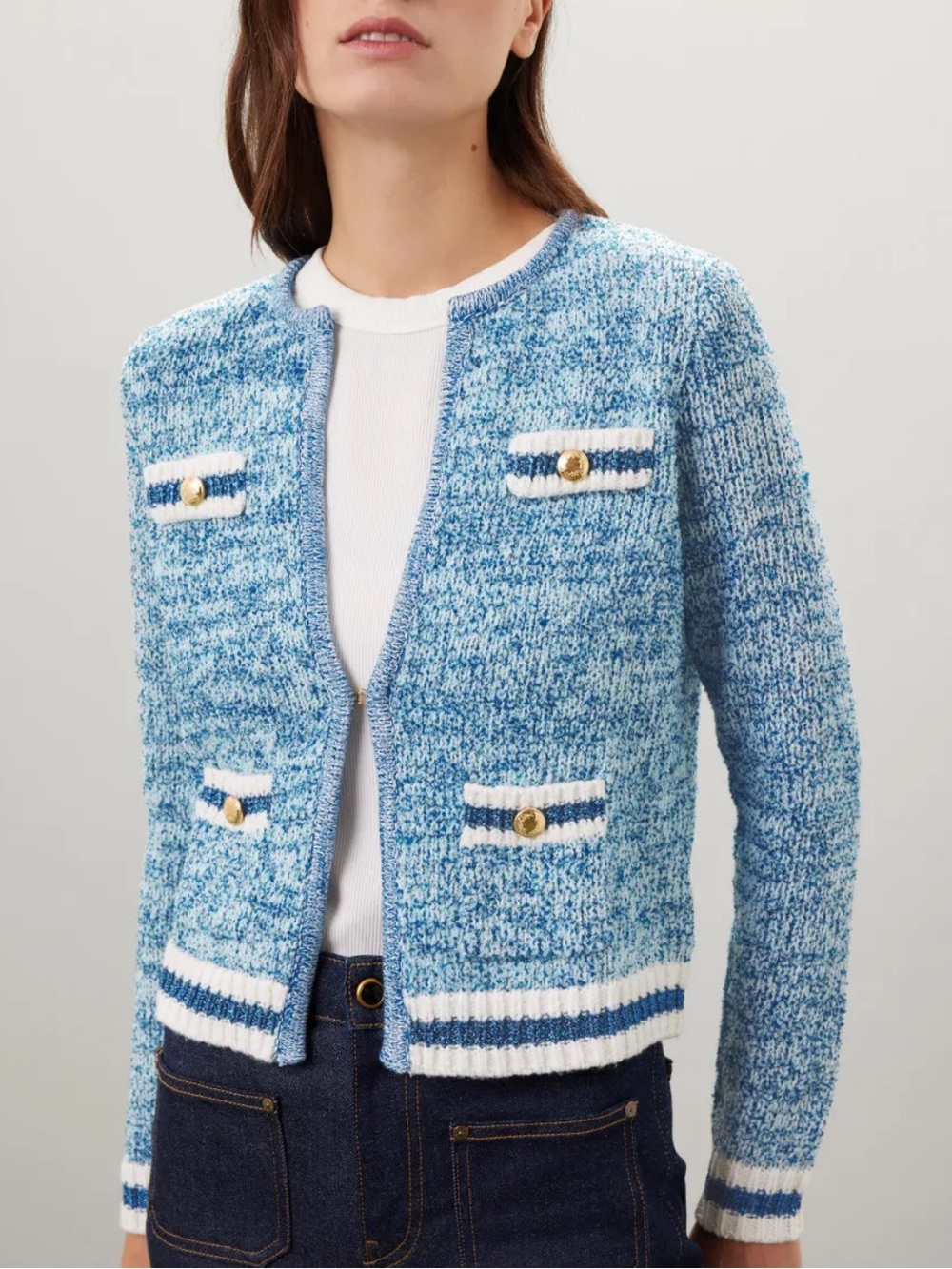 Lilly Pulitzer Beckington Cardigan in Abaco Blue Marl textured tweed knit gold